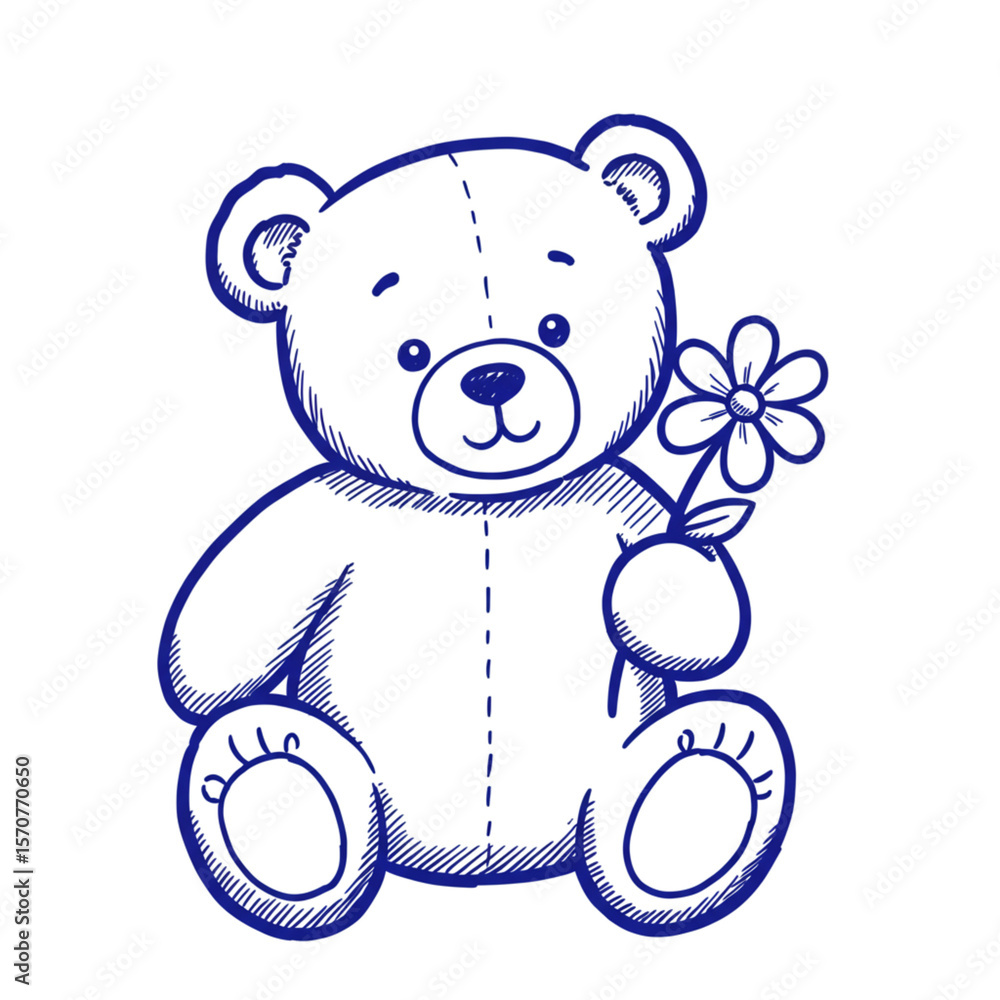 Cute teddy bear holding a flower in a hand-drawn style Cute teddy bear holding a flower in a hand-drawn style