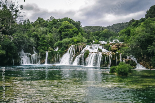 Skradinski Buk Waterfalls under Cloudy Sky in Krka National Park, Croatia

