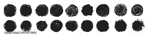 round grunge scratch textured ink brush strokes set isolated vector black collection dirty