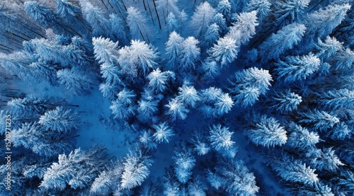 Aerial view of a snow-covered evergreen forest, showcasing a dense, symmetrical pattern of trees with frosty branches in cool blue tones