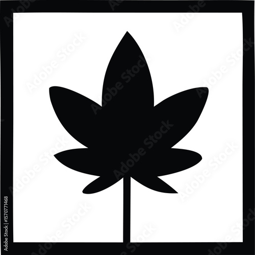 A stark black silhouette of a seven lobed cannabis leaf is centered within a thick bold black square frame against a clean white background