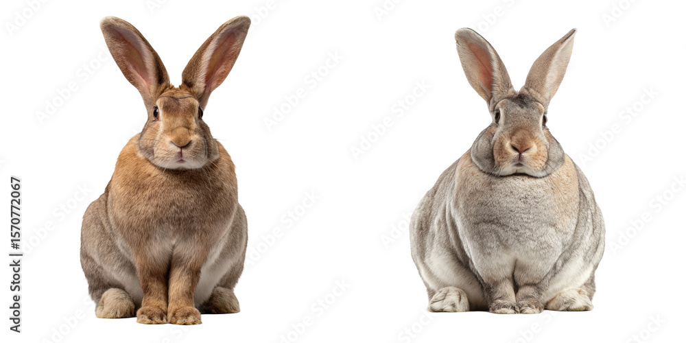 Fototapeta premium Two rabbits sitting side by side against a black background, one brown and one gray rabbit