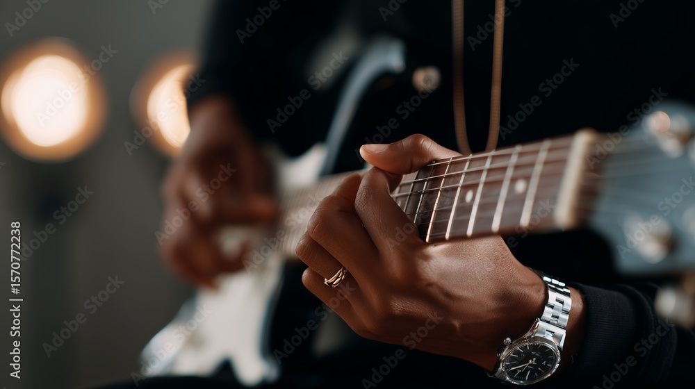 Fototapeta premium Musician plays guitar passionately during an evening jam session in a cozy studio setting