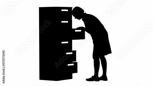 Silhouette of a woman leaning on a filing cabinet and looking into an open drawer in black and white
