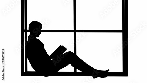 Silhouette of a person reading a book while sitting in a window frame with natural light coming through