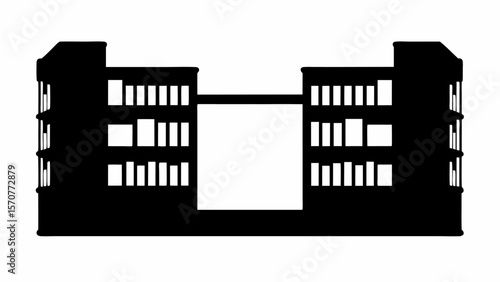 Silhouette of a two building complex connected by a bridge with multiple windows and a square opening