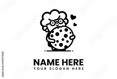 A cute, cartoon granny happily embraces a giant chocolate chip cookie.