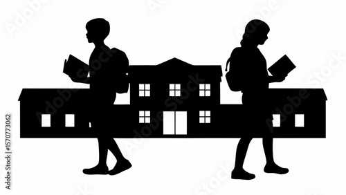 Silhouette of students with books and backpacks walking to school building with windows and doors