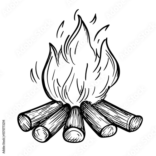 Campfire with flames and wooden logs in outdoor setting  