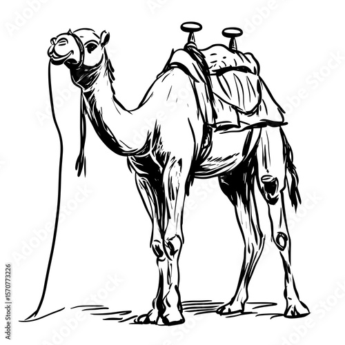 Camel trip. Camel standing with saddle in travel and tourism icon concept  