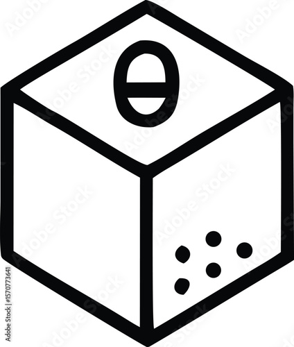 A stylized black and white outline of a cube with a circular symbol containing a horizontal line on its top face and dots on one side