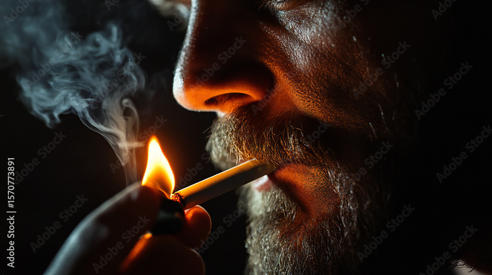 Fototapeta premium Man Lighting a Cigarette or Joint with a Lighter in Dark Setting