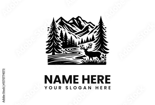 Majestic deer silhouette in a black and white mountain river landscape logo design.