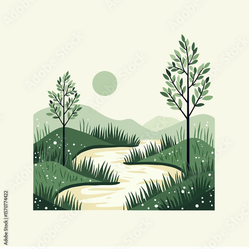 A whimsical landscape illustration of a winding river through grassy green hills under a serene sun, a peaceful and painterly scene perfect for wall art.
