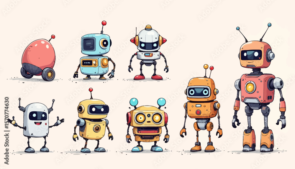 Fototapeta premium A diverse collection of cute, friendly cartoon robots with unique designs and personalities, showcasing futuristic technology and artificial intelligence.