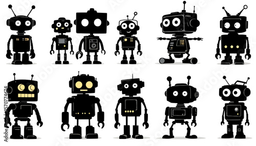 A collection of cute, stylized black robots with antennas and glowing eyes, showcasing diverse designs and friendly appearances on a white background.