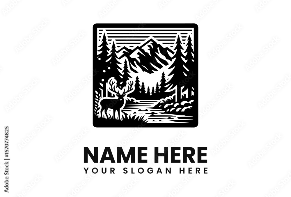 A majestic deer stands peacefully in a black and white illustration of a serene mountain landscape, framed by a square border. A majestic deer stands peacefully in a black and white illustration of a serene mountain landscape, framed by a square border.