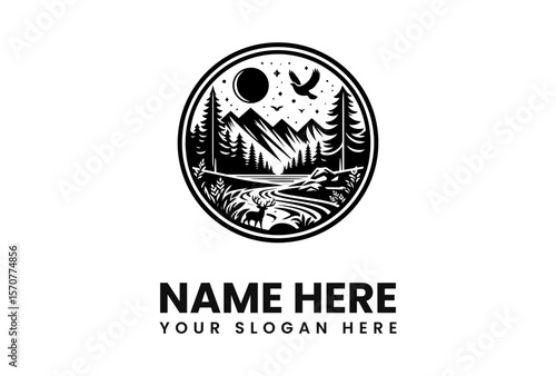 Nocturnal mountain landscape logo design featuring a deer, eagle, and moonlit forest.
