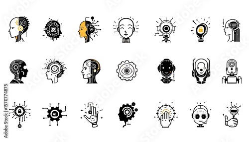 A collection of stylized AI-themed icons, showcasing artificial intelligence concepts, robotics, and futuristic technology, rendered in black and white, perfect for digital design.