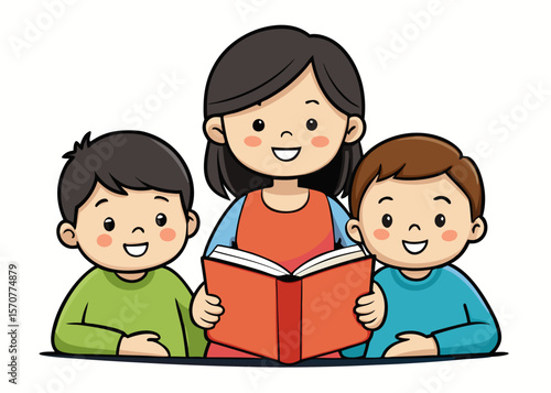 Mother Reading Book with Children – Cute Flat Illustration of Family Bonding Moment