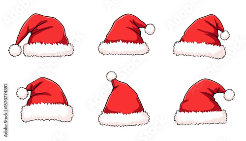 Six variations of a classic Santa hat are presented in this high-quality PNG image set, perfect for festive designs and Christmas projects needing a cheerful, iconic touch.
