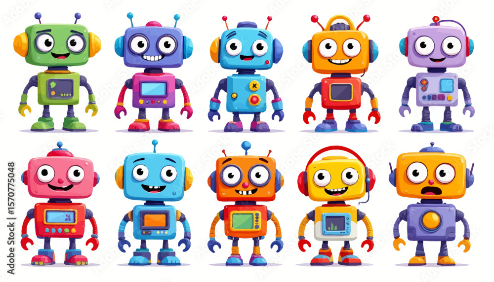 Fototapeta premium A collection of ten diverse, colorful, and friendly cartoon robots with unique expressions and designs, presented against a clean white background.