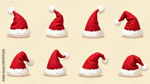 A festive array of red Santa Claus hats with white fur trim and pom-poms, arranged against a warm beige background, evoking the holiday spirit.
