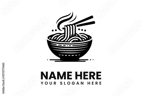 A stylized black and white graphic of a bowl of steaming noodles with chopsticks.