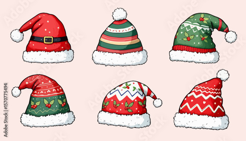 A festive collection of six unique Santa hats, each with its own distinct design and color palette, perfect for adding a touch of holiday cheer to any project.