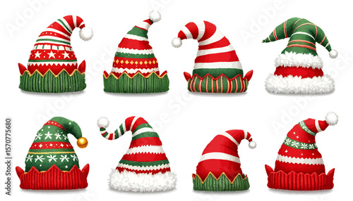 Festive collection of colorful Christmas elf hats in various striped and patterned designs, isolated on a white background, perfect for holiday-themed graphics and designs.