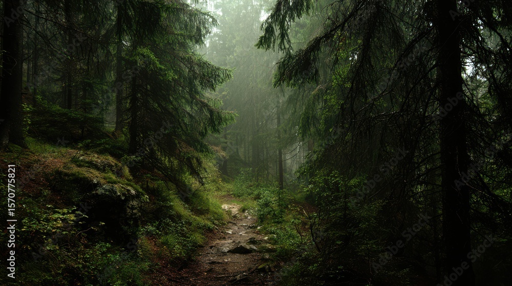 Fototapeta premium Dark misty forest path with eerie atmosphere for halloween concept