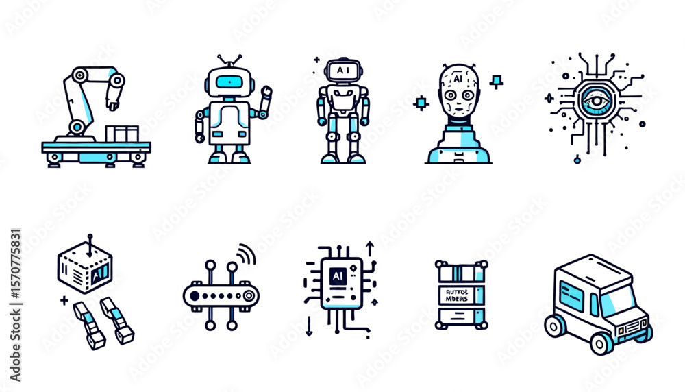 Fototapeta premium A collection of pixel art style robots and technology icons, rendered with a clean, minimalist aesthetic, suitable for digital applications and design projects.