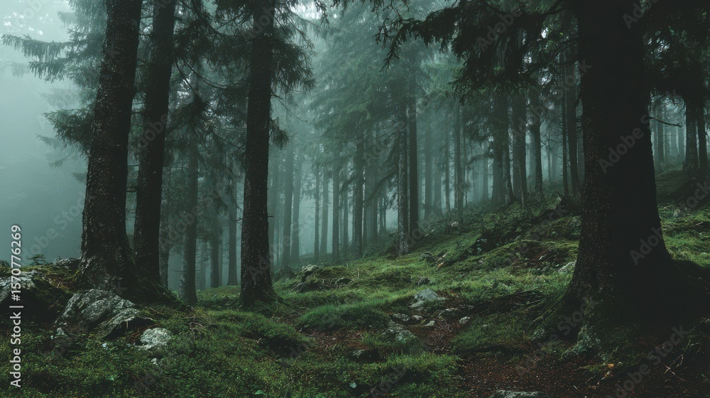 Fototapeta premium Dark misty forest path with eerie atmosphere for halloween concept