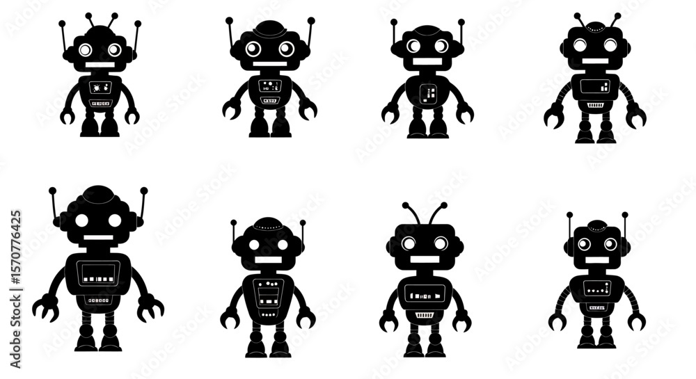 Fototapeta premium A collection of eight stylized robot illustrations in black and white, showcasing various designs for technology, artificial intelligence, and futuristic concepts, ideal for design projects.