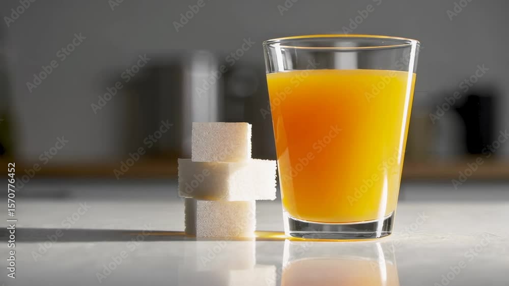 Sugar cubes resting beside orange juice glass on kitchen counter, highlighting potential health risks associated with high sugar consumption in everyday beverages Sugar cubes resting beside orange juice glass on kitchen counter, highlighting potential health risks associated with high sugar consumption in everyday beverages