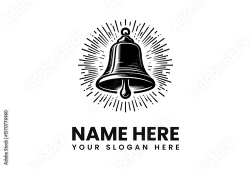 A vintage-style bell logo design, encircled by radiating light beams, ready for customization with a business name and slogan.