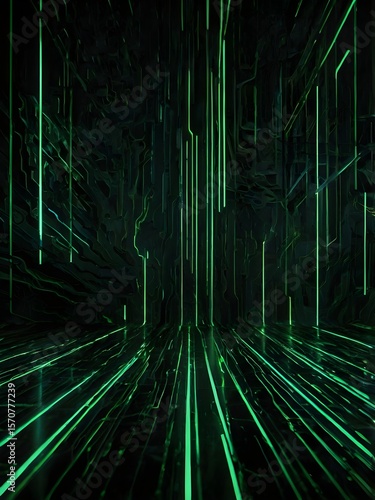 Dark abstract background with green neon glowing lines. Futuristic light trails, modern technology design, glowing energy waves on a black surface. Perfect for tech, sci-fi, and digital themes.