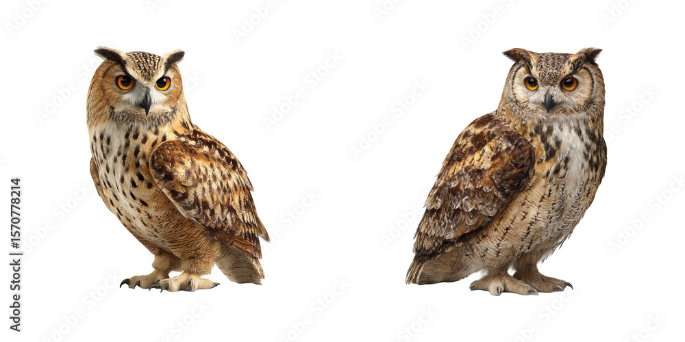 Fototapeta premium Two owls with brown and white feathers standing side by side on black background