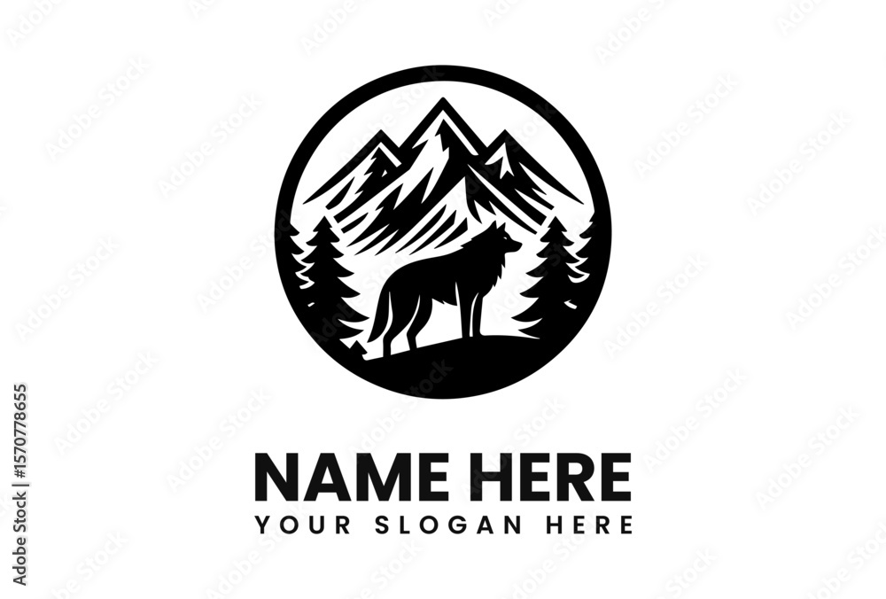 Fototapeta premium A stylized black and white logo featuring a wolf, mountains, and trees.