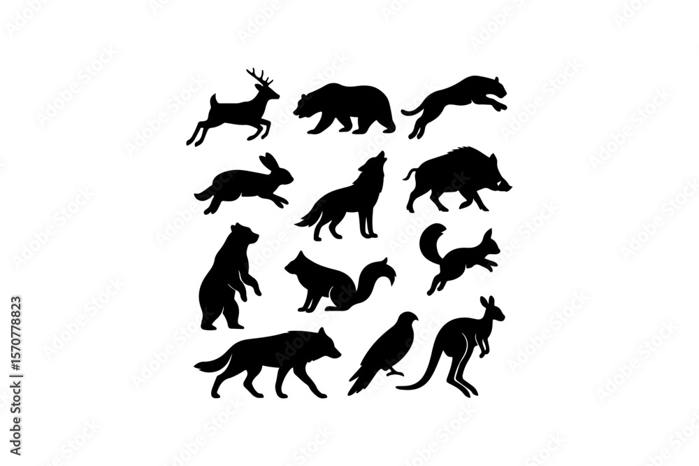 Naklejka premium Collection of Bold Black Wildlife Silhouettes: Deer, Bear, Wolf, Fox, Rabbit, Boar, Squirrel, Kangaroo, and More.