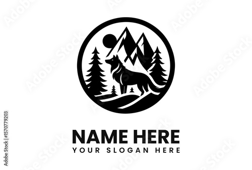 Silhouette of a wolf standing on a hill with mountains, trees, and the sun in a circular frame.