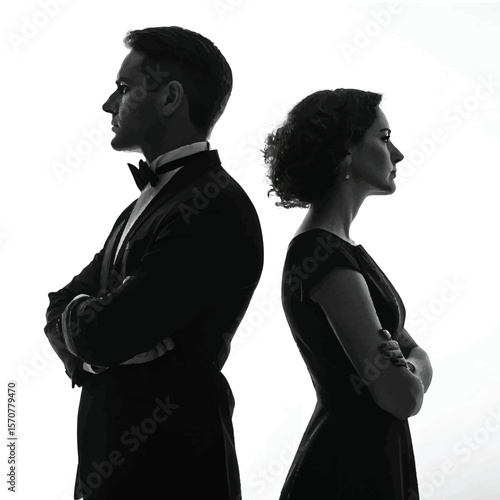 Silhouettes of Disconnected Couple Standing Back-to-Back, Arms Crossed - Relationship Conflict & Communication Breakdown