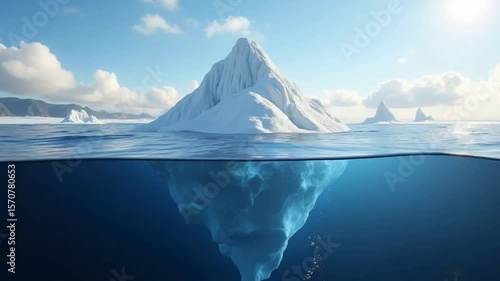 An iceberg in the sea seen at water level. 
