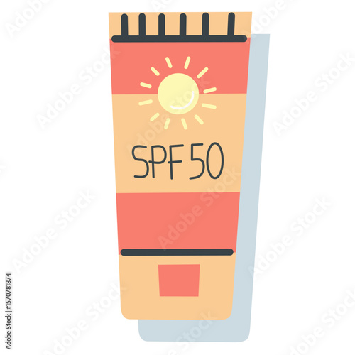 SPF 50 sunscreen bottle with sun symbol. Great for summer, beach safety, and skincare-related illustrations.