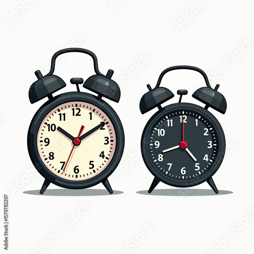 A pair of classic black twin-bell alarm clocks, one with a white face and one with a black face, a vintage retro illustration isolated on a white background.
