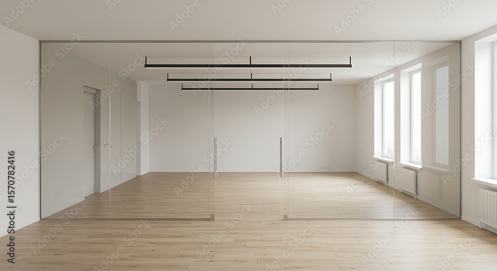 Fototapeta premium A bright, empty minimalist room with wood floors, white walls, and mirrors. A modern, open space perfect for a dance studio, gallery, or loft.