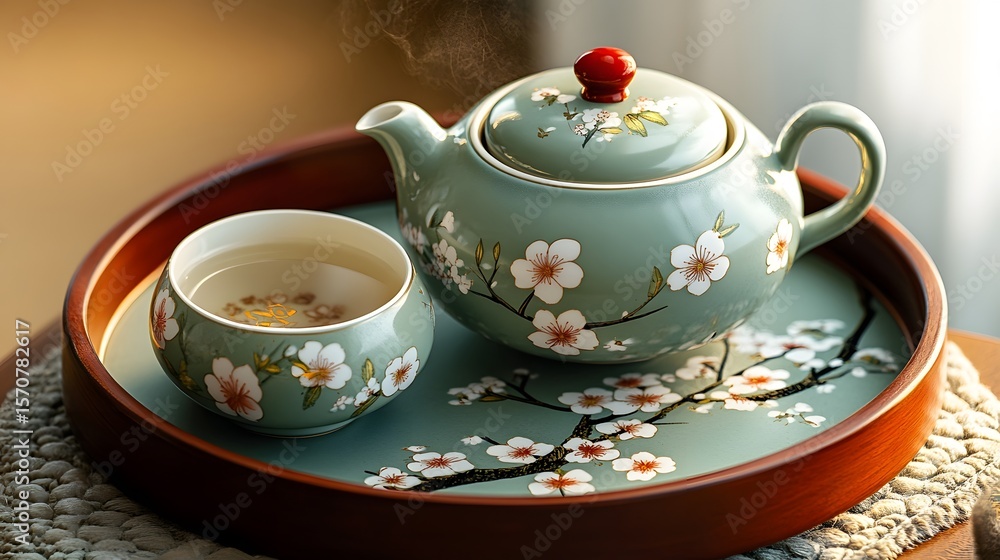 Fototapeta premium Elegant tea set with delicate cherry blossom design.
