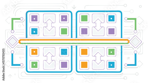Four square diagrams connected by horizontal lines with arrows and colorful square elements inside