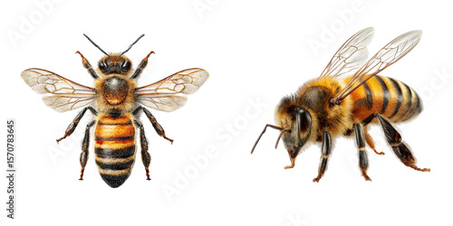 Two honey bees displayed on a black background one facing front the other in profile