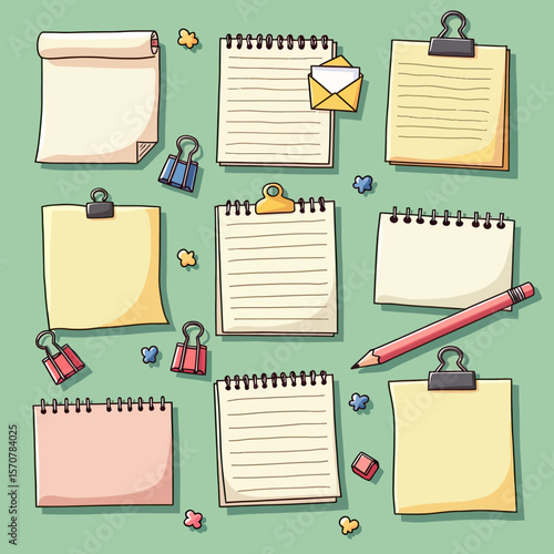 A playful set of hand-drawn doodle stationery featuring spiral notebooks, clipboards, and binder clips for fun journaling, scrapbooking, or creative planning.
